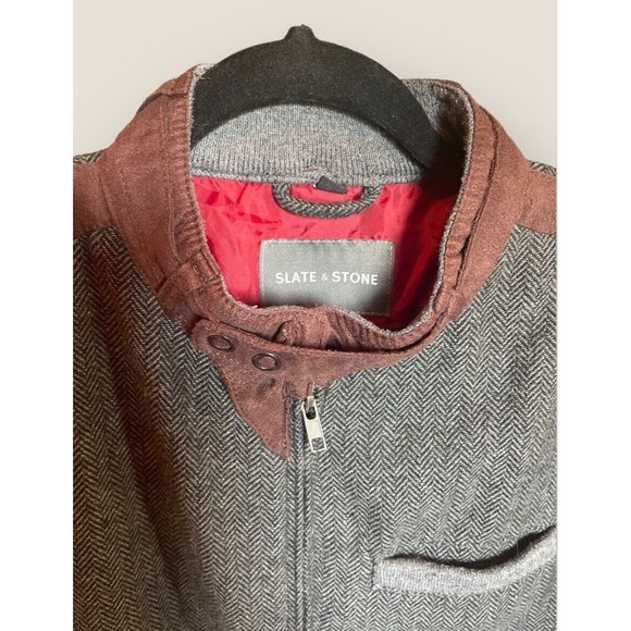Slate & Stone Poly Wool Blend Jacket Gray Herringbone W/Brown Accents Mens Small - Picture 5 of 16
